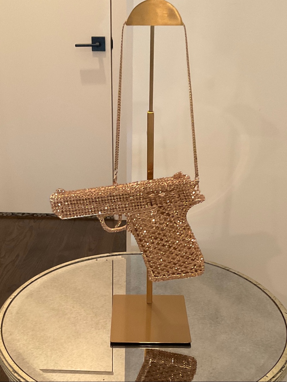 Crystal-Embellished Rose Gold Gun-Shaped Crossbody Bag